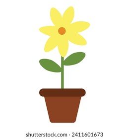 Simple, cartoon-style illustration of a yellow flower in a brown pot.