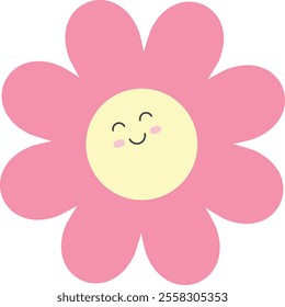 Simple cartoon-style pink flower with eight petals and a yellow center featuring a smiling face with closed eyes and blushing cheeks