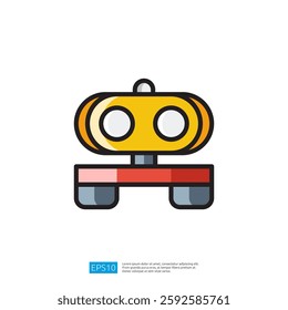 A simple, cartoon-style robot with a yellow body and large white eyes, mounted on a red base with wheels. It represents technology and innovation in a playful manner. Artificial Intelligence Icon