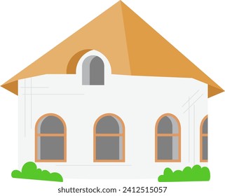 Simple cartoon-style single-story house with orange roof and white walls. Residential home clipart with arched windows and bushes. Real estate, cozy suburban home, isolated on white vector