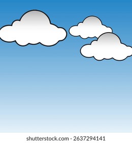 A simple cartoon-style sky background featuring three fluffy white clouds with bold black outlines floating in a clear blue gradient sky. Perfect for children’s illustrations, animation scenes,