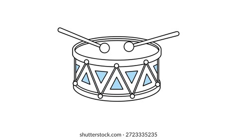 Tambor de juguete de estilo de dibujos animados simple con dos baquetas que descansan en la parte superior y patrones triangulares azules sobre un fondo blanco.