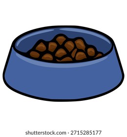 A simple cartoon-style vector illustration of a blue pet bowl overflowing with brown kibble, depicted with thick black outlines against a clean white background.