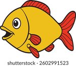 A simple, cartoon-style vector illustration of a bright yellow fish, isolated on a clean white background. The fish features red fins and tail, a black outline, an open mouth, and a black eye.