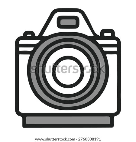 Simple cartoon-style vector illustration of a modern digital SLR camera with a large lens, isolated on a white background, representing photography.