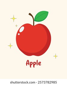 A simple, cartoon-style vector illustration of a red apple with a green leaf, it's perfect for children's books, food-related designs, or as a logo element