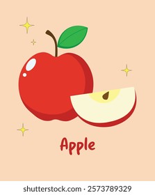 A simple, cartoon-style vector illustration of a red apple and a slice of apple with a green leaf, it's perfect for children's books, food-related designs, or as a logo element