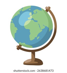 A simple, cartoon-style vector illustration of a school globe, featuring blue oceans and green continents. Ideal for educational, travel, or geography-related designs. Isolated on a white background.
