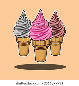 A simple cartoon-style vector illustration of three colorful ice cream scoops. With clean lines and vibrant colors, the ice cream cones are playful and minimal, making it ideal for microstock use