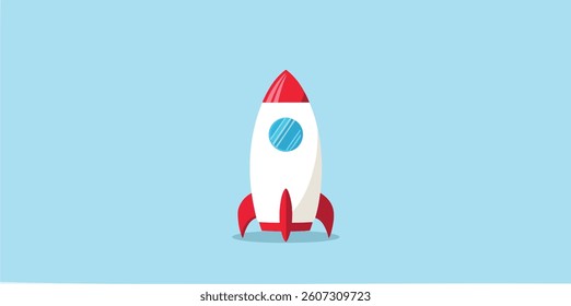 simple cartoon-style white and red ship poised for launch against a light blue background