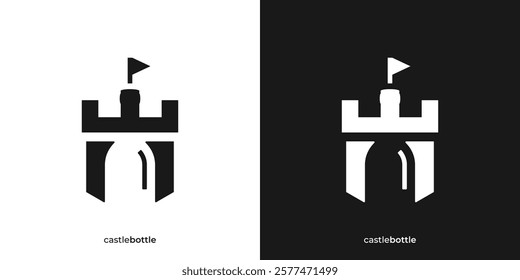 Simple Castle Bottle Logo. Castle and Bottle Graphic Icons. Wine Kingdom Logo Design Template.