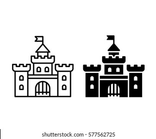 Simple Castle Icon In Two Variants, Line Art And Solid Black Color. Isolated Vector Illustration.