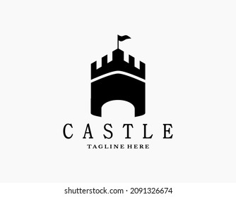 Simple castle logo icon. Elegant design of palace or fortress with black and white. Tower Silhouette with flags. Suitable for museums, stamps, postcards.