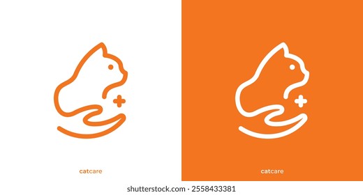 Simple Cat Care Logo. Animal Cat and Hand Icon Graphic. Pet Care Logo Design Template.