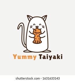 simple cat character logo design eating taiyaki illustration