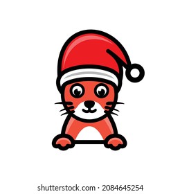 Simple cat with a christmas hat in white background , vector logo design template