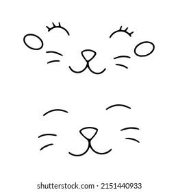 Sencillos rostros de gato. Colorando la página del libro para los niños. Caricatura de estilo. Ilustración vectorial aislada en fondo blanco.