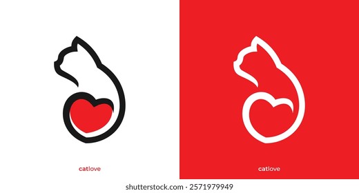 Simple Cat Love Logo. Cat and Love Shape Icon Graphic. Pet Care Logo Design Template.