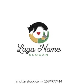 Simple Cat lover logo icon. Funny pet and human shape love silhouette vector. Kitten fans club and community design. Modern vintage look hand drawn line art style. Apply to web site, mobile phone apps