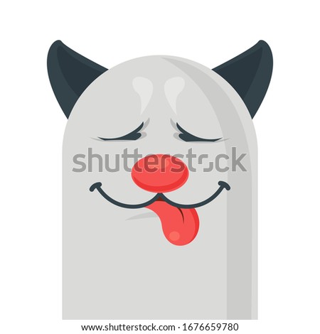 Simple cat says delicious, licks and swallows saliva. Cute kawaii funny character. Yummy face smile delicious. Logo element illustration. Cartoon icon white background. Vector illustration emoticon.