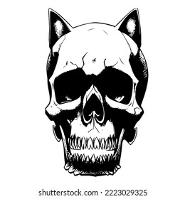 Simple cat skull drawing vector logo black and white
