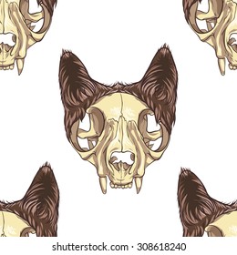 Simple cat skull. White background. Seamless pattern background.
