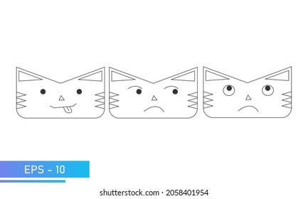 Simple cat or tiger face in linear style with emotions, fanny, jealous, thinks. Icon. Isolated on a white background. Flat vector illustration.