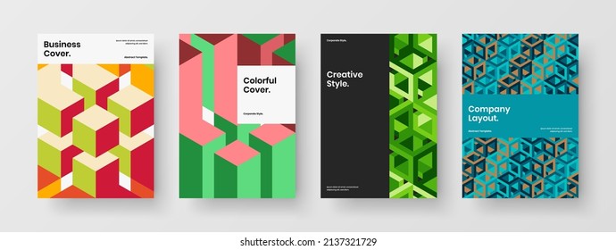 Simple catalog cover vector design concept set. Colorful geometric hexagons flyer layout collection.