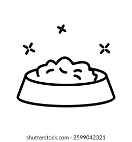 Simple cats bowl. Place where food poured. Taking care of pets, owners feed animal. Stylish bladder with paw print. Graphic elements for pet shops, buttons,