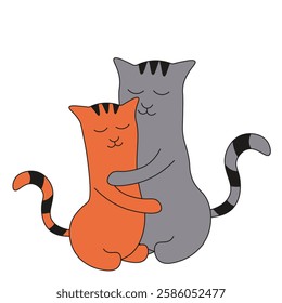 Simple Cats hug each other. World Hug Day template design. Whimsical Cats isolated transparent background. Vector illustration. EPS 10	