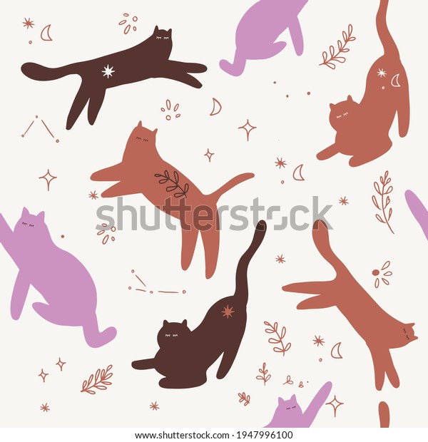 Simple cats seamless\
pattern. Vector cartoon  illustration of kitten. Space mystical\
illustration. Modern magic witchcraft. Textile fabric surface\
design. Halloween