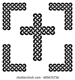 Simple Celtic style endless  knot  cross in black in knotted black frame  on white background  inspired by Irish St Patrick's Day, and Irish and Scottish carving art

