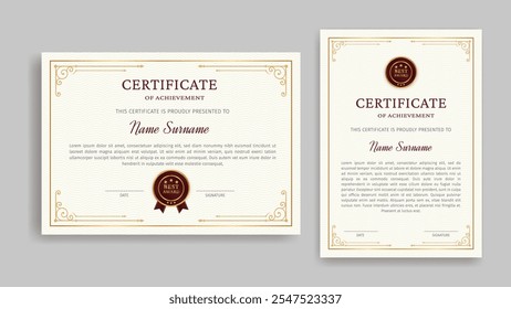 Certificado simples de realização projeto de modelo de borda. Prêmio de Luxo, diploma. Modelo de certificado elegante e luxuoso. Ilustração vetorial