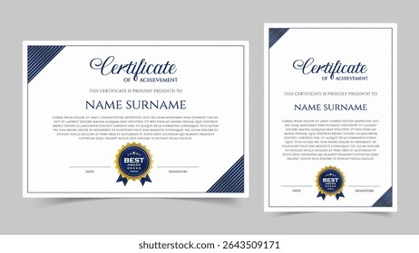 Simple Certificate of achievement border template design. Luxury Award, diploma. Elegant and luxurious certificate template. Vector illustration