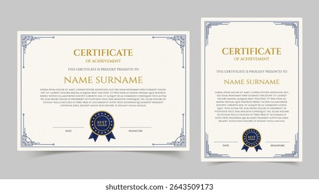 Simple Certificate of achievement border template design. Luxury Award, diploma. Elegant and luxurious certificate template. Vector illustration