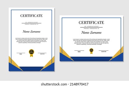 simple certificate in blue and gold color flat style.