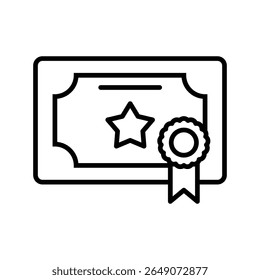 Simple certificate illustration with a star emblem and rosette is presented in a minimalist black outline against a white background, ideal for use in educational or business designs.