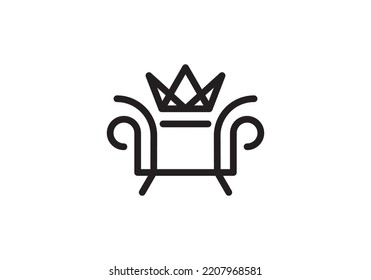 simple chair and crown logo. luxury interior furniture vector icon design