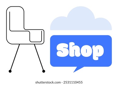 Simple chair outline next to a cloud-shaped speech bubble with the word Shop. Ideal for e-commerce, home decor, online shopping, furniture stores, and marketing. Minimalist vector style