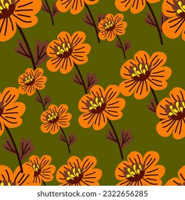 Simple chamomile flower seamless pattern. Decorative naive botanical wallpaper. Cute stylized flowers background. For fabric design, textile print, wrapping paper, cover. Vector illustration
