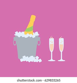 simple Champagne bottle in a one bucket. two glasses & clean ice cubes icon vector icon modern for celebration & anniversary in a restaurant on flat design style purple background