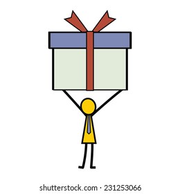 Simple character of businessman in stick man style holding gift box. 