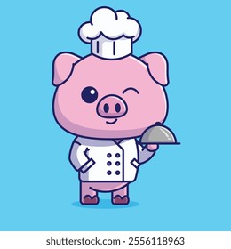 Simple character cute pig chef cartoon vector illustration Collection of animals concept icon isolated