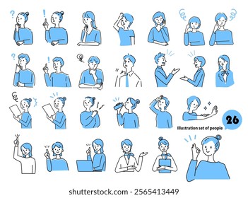 Simple character expression illustration set of young women and men Vector material monotone