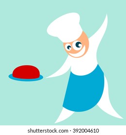 Simple character - happy and confident chef serves cooked meal 