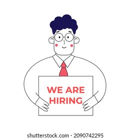 Simple character is hiring employee. Banner we are hiring. People searching for staff, read the cv. Vector trendy line art