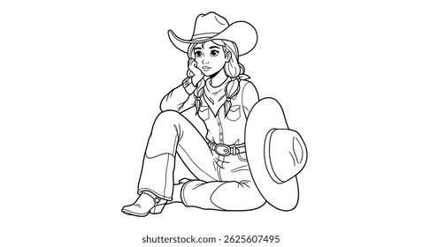 Simple Character Portrait Coloring Page Outline Thoughtful Cowgirl Sitting Quietly With Hat Western Mood Art Design