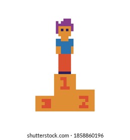 carácter simple parado en el podio de los ganadores, píxeles