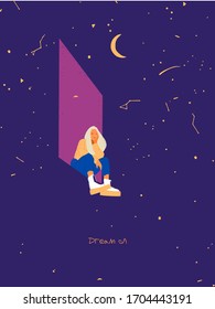 Simple character of woman girl with universe starry night. Girl dreaming sitting in the open window. Flat vector illustration, color graphic. 