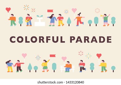 Simple characters in the block style are parading. flat design style minimal vector illustration.